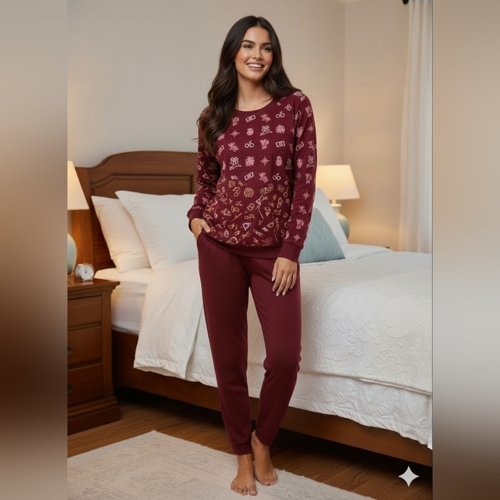 Harry Potter Burgundy Pajama Shirt – Magical Symbols Print, Soft & Cozy (L) - Picture 8 of 9